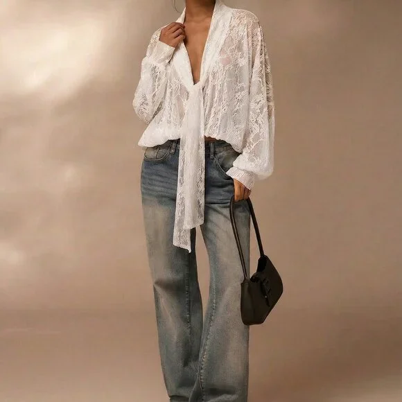 White Casual Women's Semi-Sheer Kimono Sleeves Shirt - Picture 7 of 11